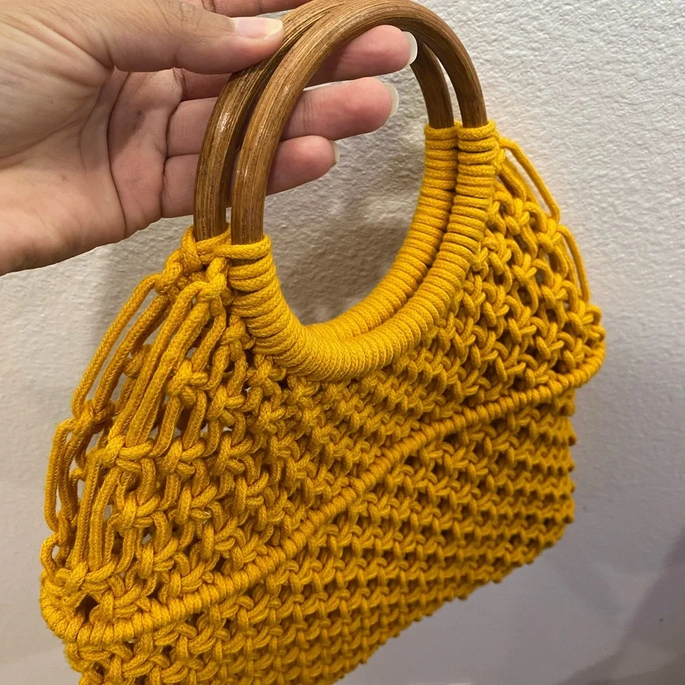 Yellow Woven Handbag with Wooden Handles - Picture 6 of 7